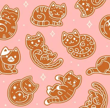 Gingerbread cat cookie seamless pattern Stock Illustration