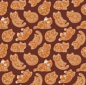 Gingerbread cat cookie seamless pattern Stock Illustration