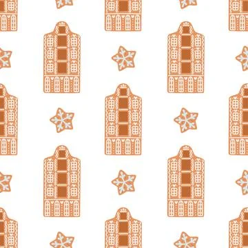 Gingerbread Christmas seamless pattern house cookies isolated on white vector Stock Illustration