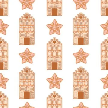 Gingerbread Christmas seamless pattern house cookies isolated on white vector Stock Illustration