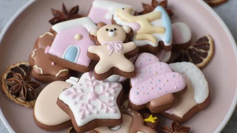 Gingerbread as a Christmas staple, sweet biscuits for the holiday. Gingerbread a Stock Footage 340659056