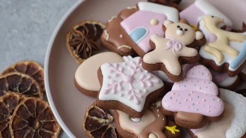 Gingerbread as a Christmas staple, sweet biscuits for the holiday. Gingerbread a Stock Footage 340659058