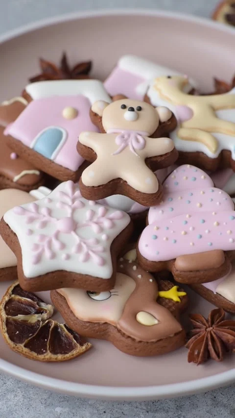 Gingerbread as a Christmas staple, sweet biscuits for the holiday. Gingerbread a Stock Footage 340659060