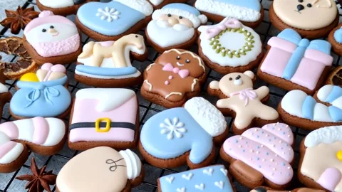 Gingerbread as a Christmas staple, sweet biscuits for the holiday. Gingerbread a Stock Footage 340659149