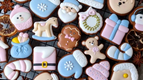 Gingerbread as a Christmas staple, sweet biscuits for the holiday. Gingerbread a Stock Footage 340659150