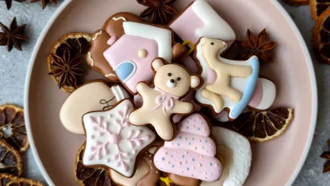 Gingerbread as a Christmas staple, sweet biscuits for the holiday. Gingerbread a Stock Footage 340659174