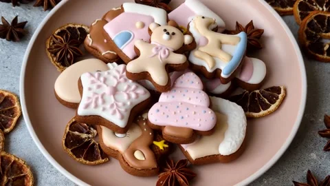 Gingerbread as a Christmas staple, sweet biscuits for the holiday. Gingerbread a Stock Footage 340659182