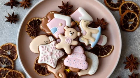 Gingerbread as a Christmas staple, sweet biscuits for the holiday. Gingerbread a Stock Footage 340659183
