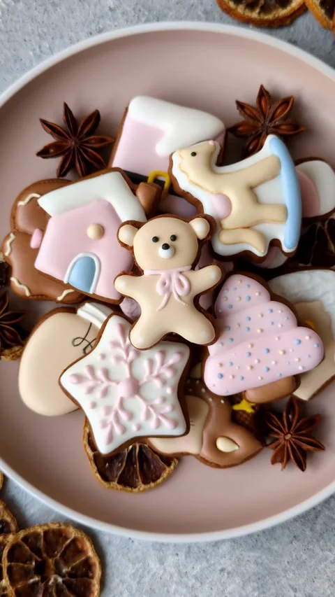 Gingerbread as a Christmas staple, sweet biscuits for the holiday. Gingerbread a Stock Footage 340659193