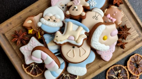 Gingerbread as a Christmas staple, sweet biscuits for the holiday. Gingerbread a Stock Footage 340659201