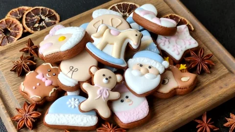 Gingerbread as a Christmas staple, sweet biscuits for the holiday. Gingerbread a Stock Footage 340659209