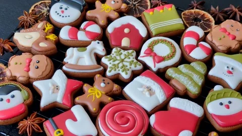 Gingerbread as a Christmas staple, sweet biscuits for the holiday. Gingerbread a Stock Footage 341028147