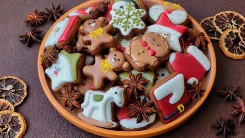 Gingerbread as a Christmas staple, sweet biscuits for the holiday. Gingerbread a Stock Footage 341028261