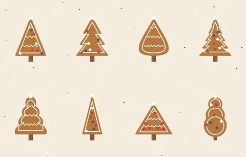 Gingerbread Christmas tree cookie set with eight iced trees decorated with white Stock Illustration