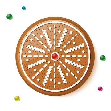 Gingerbread Circle Cookie Isolated on White. Christmas Bakery. Stock Illustration