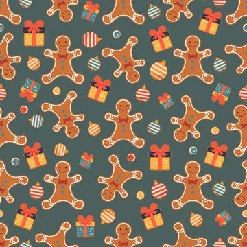 Gingerbread cookie and gift pattern on festive background, ideal for Christ.. Stock Illustration