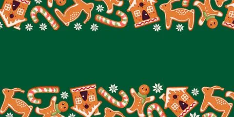 Gingerbread cookie border frame with man, candy cane, reindeer, house and Stock Illustration