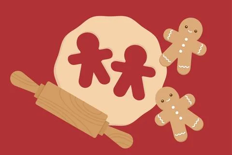 Gingerbread Cookie Dough and Rolling Pin on Festive Red Baking Background Stock Illustration