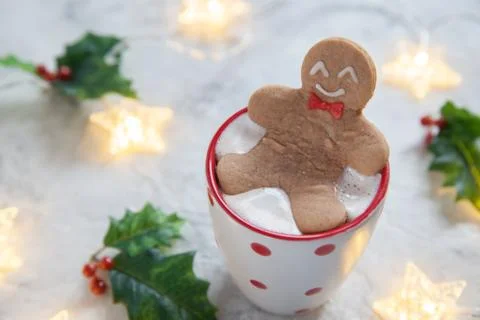 Gingerbread cookie man in a hot cup of chocolate Stock Photos