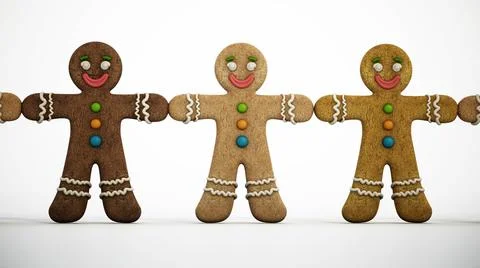 Gingerbread cookie men holding hands isolated on white. 3D illustration Stock Illustration
