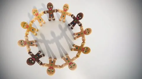 Gingerbread cookie men holding hands isolated on white. 3D illustration Stock Illustration