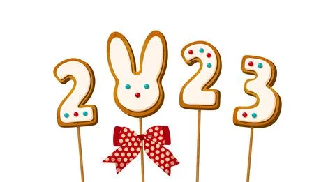 Gingerbread cookie numerals 2023 and bunny on sticks in cartoon style. Sweet Stock Illustration
