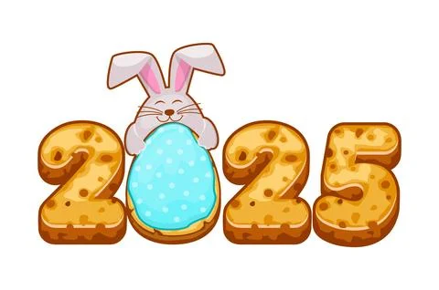 Gingerbread cookie numerals 2025 and bunny for your greeting card, stickers.. Stock Illustration