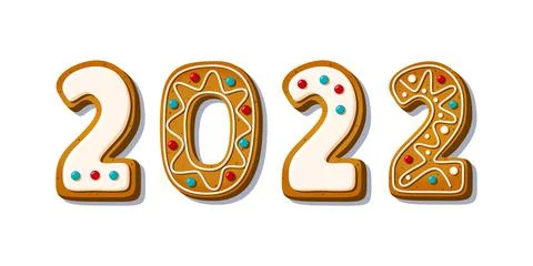 Gingerbread cookie numerals with phrase 2022 top view in cartoon style. Sweet Stock Illustration