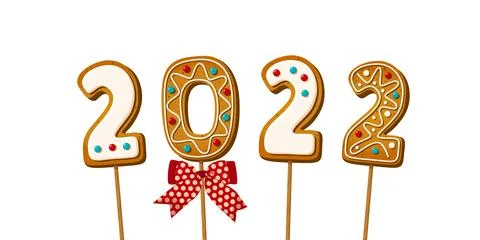 Gingerbread cookie numerals on sticks with phrase 2022 in cartoon style. Sweet Stock Illustration