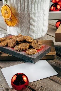 Gingerbread Cookie. Rustic style Christmas table decoration with wooden planks. Stock Photos
