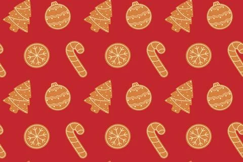 Gingerbread cookie seamless pattern on red background Stock Illustration