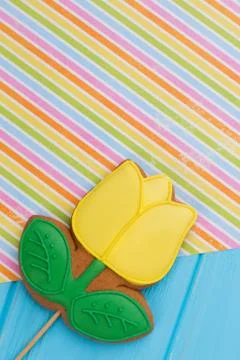 Gingerbread cookie in a shape of tulip, top view. Stock Photos