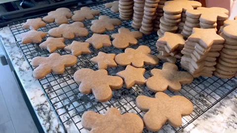 Gingerbread cookies arranged on cooling racks in kitchen Stock Footage 344945041
