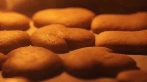 Gingerbread Cookies Baking in Oven Interior Horizontal Slide Shot Stock Footage 321832105
