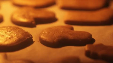 Gingerbread Cookies Baking on Tray Inside Oven Horizontal Static Shot Stock Footage 321831997