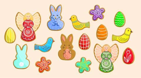 Gingerbread cookies for Easter. Easter set of 16 items to create your design. Stock Illustration