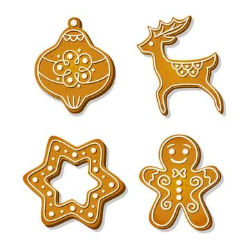 Gingerbread cookies. Festive biscuits in shape of reindeer and gingerbread man Stock Illustration