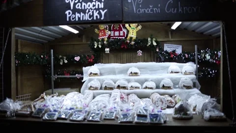 Gingerbread cookies on festive christmas market stall Stock Footage 325073726