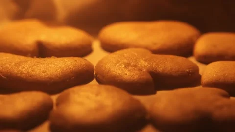 Gingerbread Cookies Heating on Tray Inside Oven Horizontal Slide Shot Stock Footage 321832055
