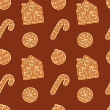 Gingerbread cookies seamless pattern. Gingerbread house and candy cane Stock Illustration