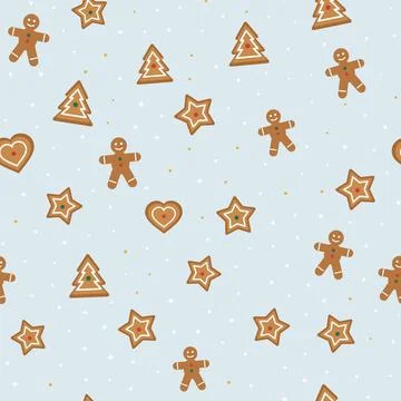 Gingerbread cookies seamless pattern with gingerbread men, stars, hearts and fir Stock Illustration