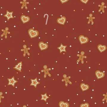 Gingerbread cookies seamless pattern with gingerbread men, hearts, stars, Stock Illustration
