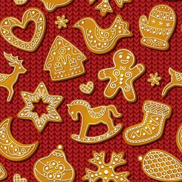 Gingerbread cookies seamless pattern on red knitting background. Festive sweet Stock Illustration