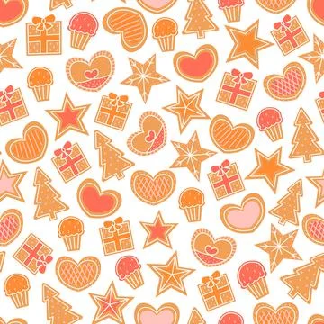 Gingerbread cookies seamless pattern on white background with xmas eve, heart Stock Illustration