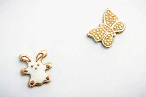 Gingerbread cookies in the shape of Easter bunny and butterflies Stock Photos
