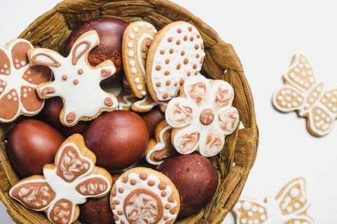 Gingerbread cookies in the shape of an Easter bunny, flowers, butterflies Stock Photos