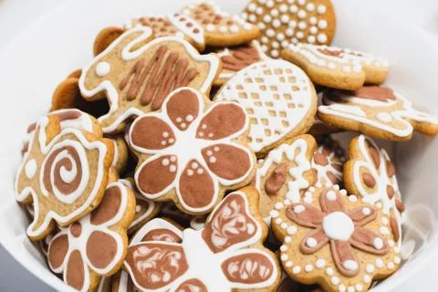 Gingerbread cookies in the shape of an Easter bunny,  butterflies and flowers Stock Photos