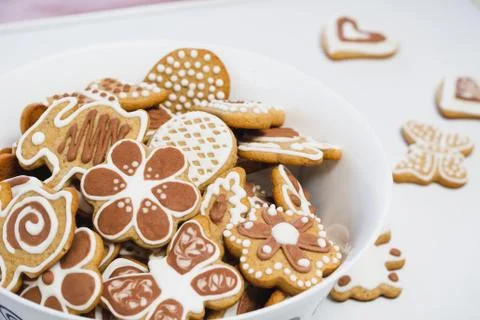 Gingerbread cookies in the shape of an Easter bunny, butterflies and flowers Stock Photos