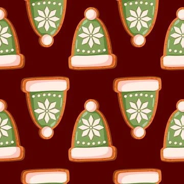 Gingerbread cookies in shape of hat seamless pattern in Cartoon style. Winter Stock Illustration