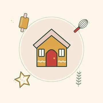 Gingerbread cottage with winter baking tools. Decorative flat vector composit Stock Illustration